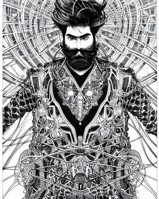 Image similar to hyper detailed illustration of a man with dark beard raving in a festival, intricate linework, lighting poster by moebius, ayami kojima, 9 0's anime, retro fantasy
