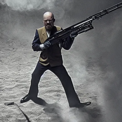 Image similar to photo of walter white firing a machine gun, yelling