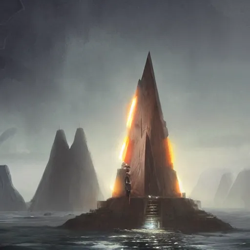 Image similar to star wars concept art by greg rutkowski, a palatial and imposing grey tall triangular pyramid tech tower emerging from the sea in the middle of a ocean landscape, enigmatic atmosphere, beautiful and cinematic lighting, artstation hq.