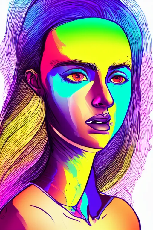 Image similar to a award winning half body portrait of a beautiful woman with stunning eyes in a printed croptop and cargo pants with rainbow colored ombre hairstyle head in motion and hair flying by josan gonzales, outrun, vaporware, shaded flat illustration, digital art, trending on artstation, highly detailed, fine detail, intricate