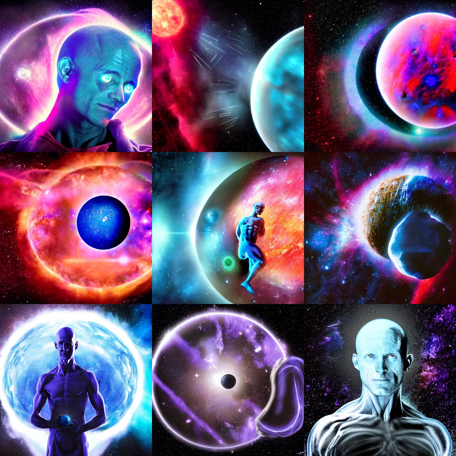 Prompt: dr Manhattan creates a planet from the nebula, selective color effect, cinematic, wide angle cinematography