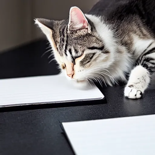 Prompt: a photo of a cat writing the word meow on a notepad