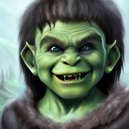 Image similar to a detailed portrait of a cute child orc boy smiling, fantasy art illustration, incredibly highly detailed and realistic, 8 k, sharp focus