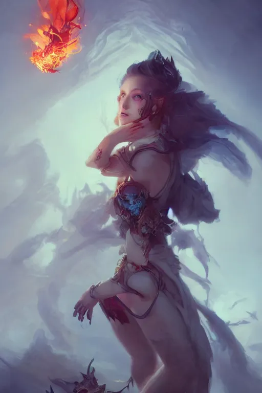 Prompt: beautiful girl necromancer casting spell, 3 d render, holding magic fire, hyper realistic detailed portrait, ruan jia, wlop, fantasy, hyper detailed, octane render, concept art, peter mohrbacher