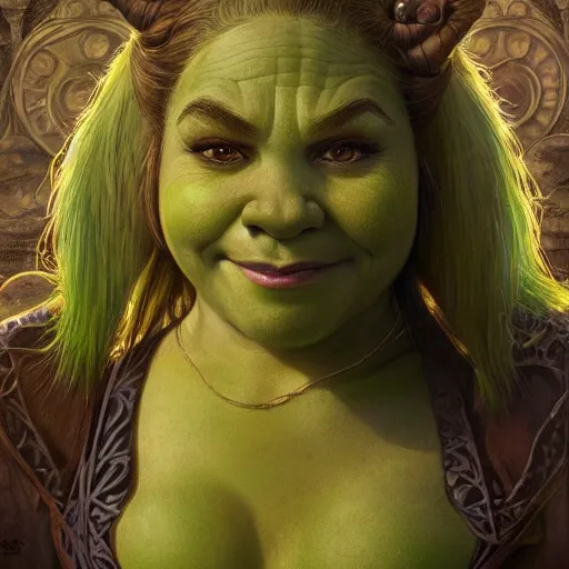 Image similar to portrait of a Shrek pickle, fantasy, intricate, elegant, highly detailed, digital painting, artstation, concept art, smooth, sharp focus, illustration, art by artgerm and greg rutkowski and alphonse mucha