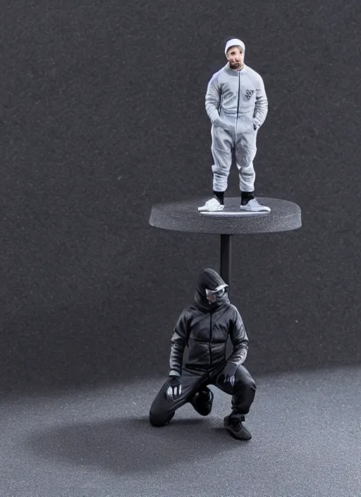 Prompt: 80mm resin detailed miniature of man squatting in black Adidas tracksuit, Product Introduction Photos, 4K, Full body,