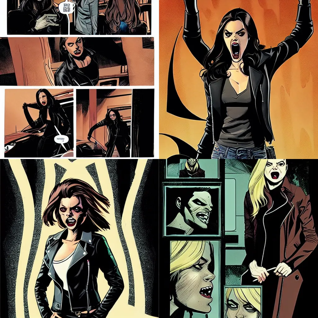 Prompt: in the style of Rafael Albuquerque comic art, Samara Weaving vampire, sharp teeth grin, sarcastic, brown leather jacket