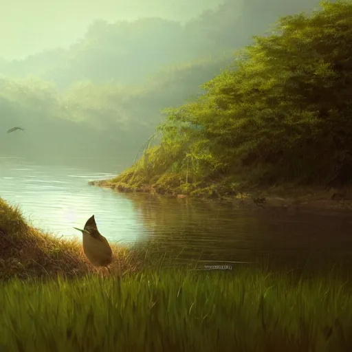 Image similar to closeup of a wren bird in avila, river edge, green fields, summer season, 4 k, midday light, concept art, by wlop, ilya kuvshinov, artgerm, krenz cushart, greg rutkowski, pixiv. cinematic dramatic atmosphere, sharp focus, volumetric lighting, cinematic lighting, studio quality