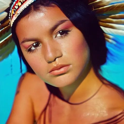 Image similar to clear photo of a beautiful and young female singer of native american descent taken in 1 9 7 6, high quality, highly detailed 7 0 s style photography, long dark hair, elegant pool, trending on pinterest, aesthetically beautiful, elegant, studio photography