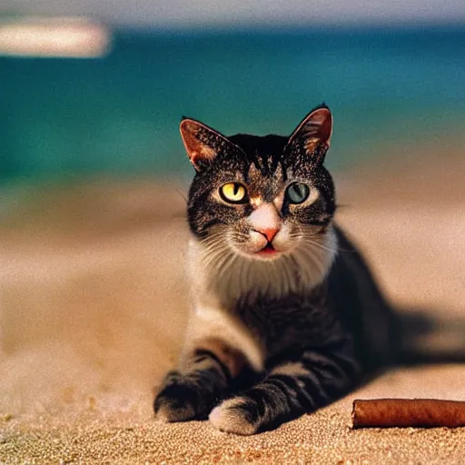 Image similar to a cat lighting a cigar on a beach in 1980, 30mm film