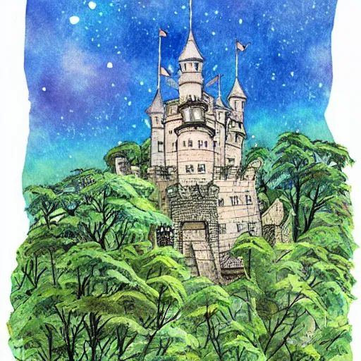 Image similar to laputa castle in the sky robot hayao miyazaki stands in a small clearing among trees, watercolor illustration for a book