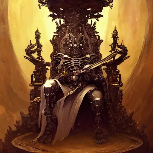 Image similar to high fantasy skeleton king android sitting on a ornate throne in an ornate palace by Stanley Artgerm Lau, frank frazetta, Rossdraws, James Jean, gerald brom, Andrei Riabovitchev, Marc Simonetti, and Sakimichan, trending on artstation, SFW version