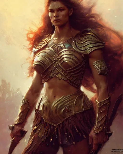 Image similar to a fierce and muscular warrior princess in full armor, fantasy character portrait by greg rutkowski, gaston bussiere, craig mullins, simon bisley