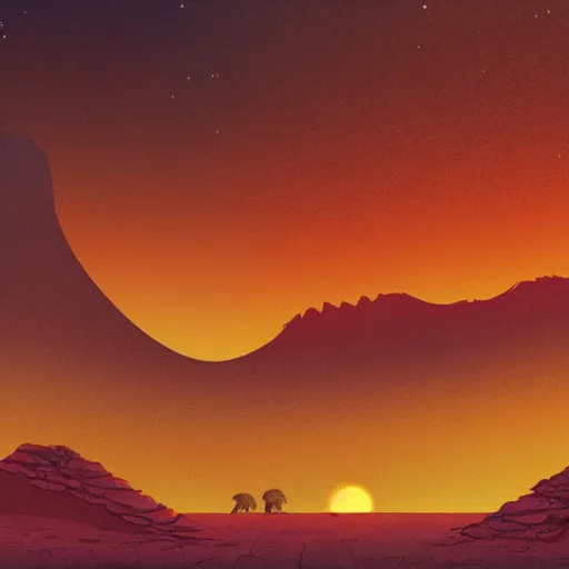 Image similar to desert scene, red sun, fantasy art, illustration, animated film, by studio ghibli