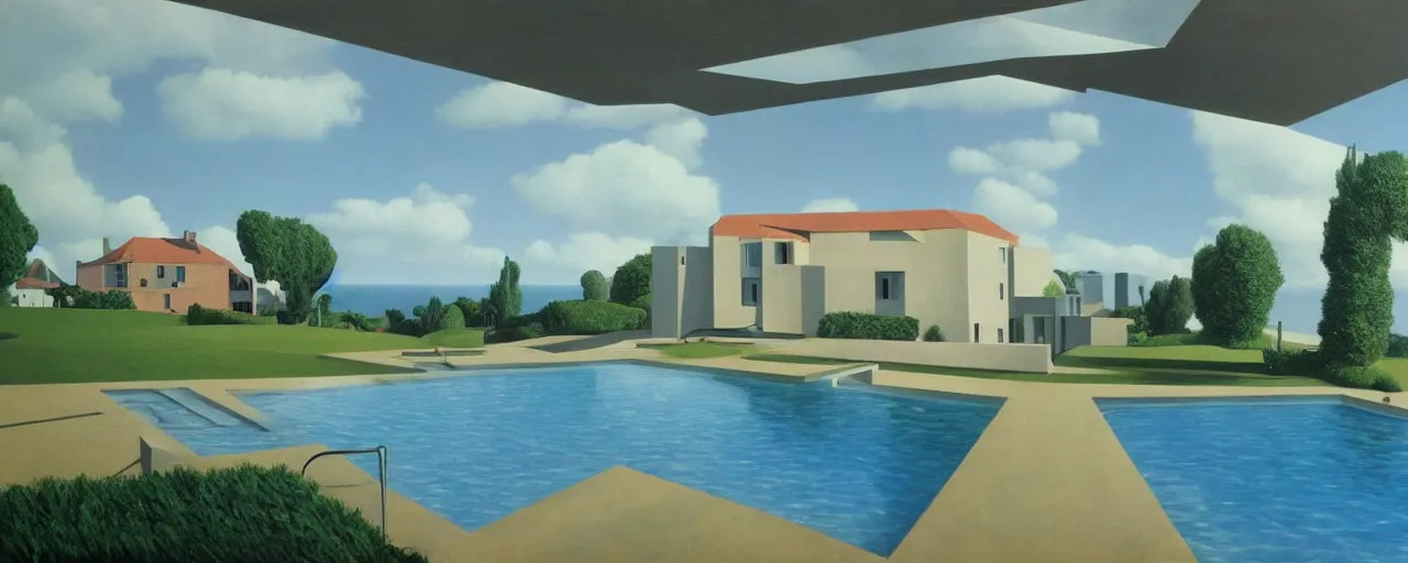 Image similar to contemporary house with pool in the front, full height windows, concept art, surrealist, rene magritte