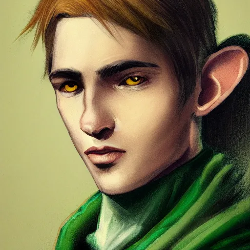 Prompt: A portrait of a adolescent male half-elf wizard who is tall and slim, focus on face, short brown hair, smiling, deep green eyes, robes, staff, sharp focus, highly detailed, photograph, cinematic, dynamic lighting, trending on artstation, digital painting, in the style of Chris Ostrowski