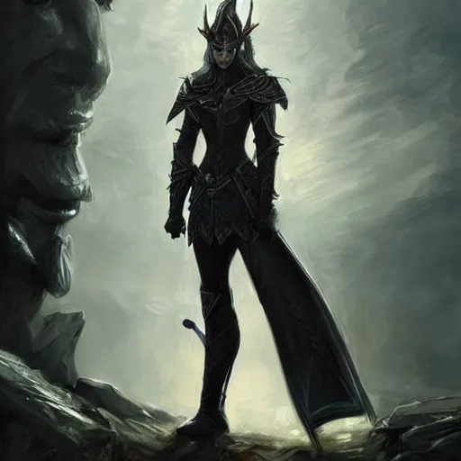 Image similar to standing elf with armor of rivendel and a curve long sword in full body and detailed face, epic masterpiece of cinematographic hyperrealism, realistic shaded lighting poster by craig mallismo, artgerm, jeremy lipkin and michael garmash, unreal engine, radiant light, detailed and intricate environment, digital art, art station trends