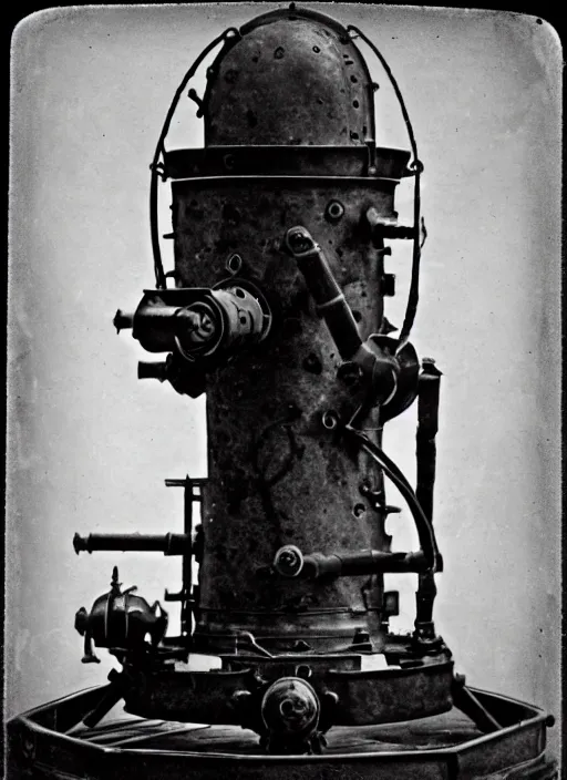 Image similar to 1 8 8 5 photo of a steampowered riveted turret from portal 2, daguerrotype, high quality