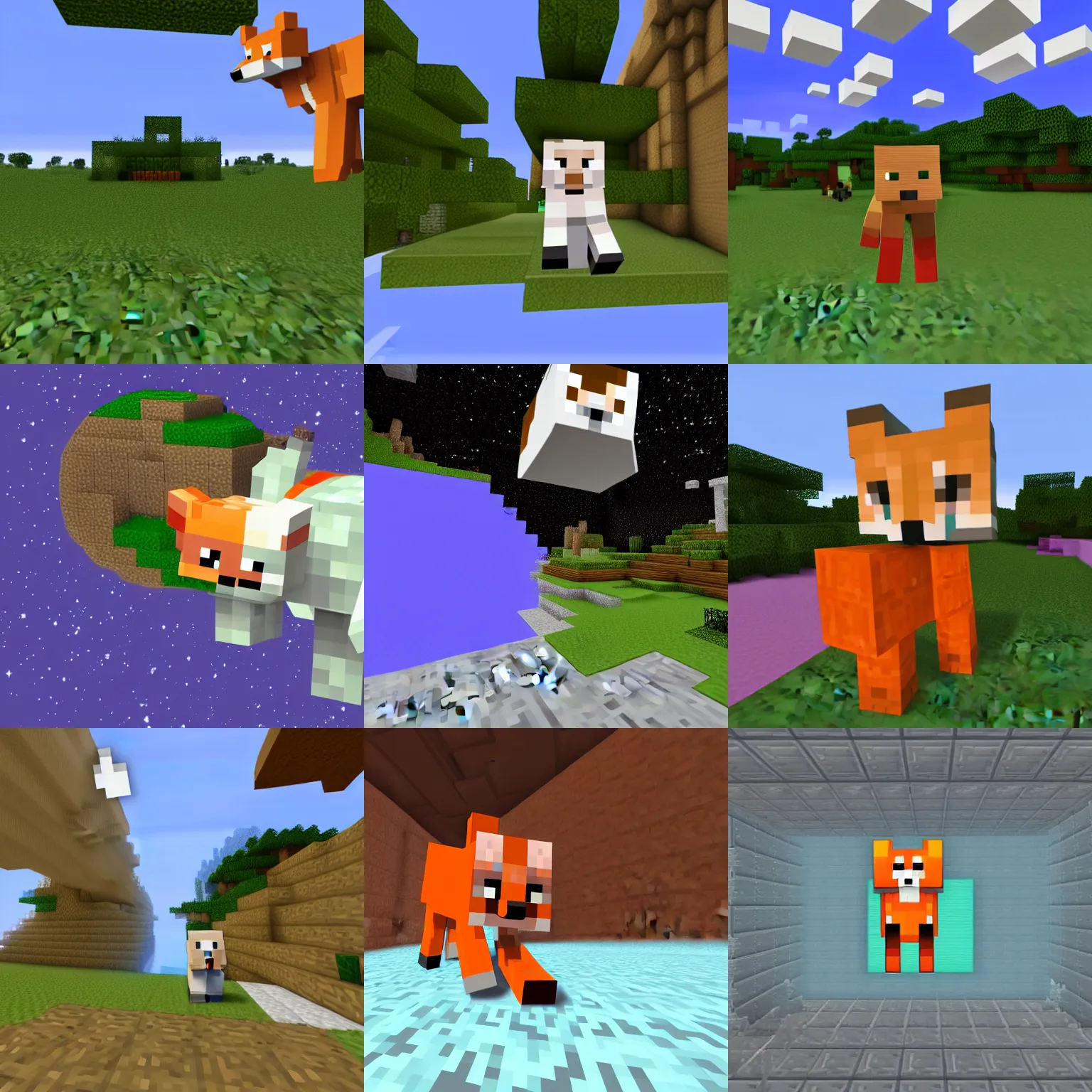 Prompt: minecraft fox floating in space near white crunch