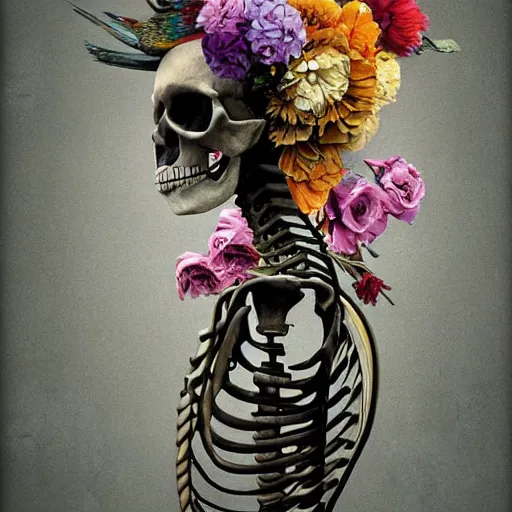 Image similar to a painting of a skeleton with a bird on its shoulder, a digital painting by Chris LaBrooy, cgsociety, vanitas, made of flowers, poster art, rendered in cinema4d