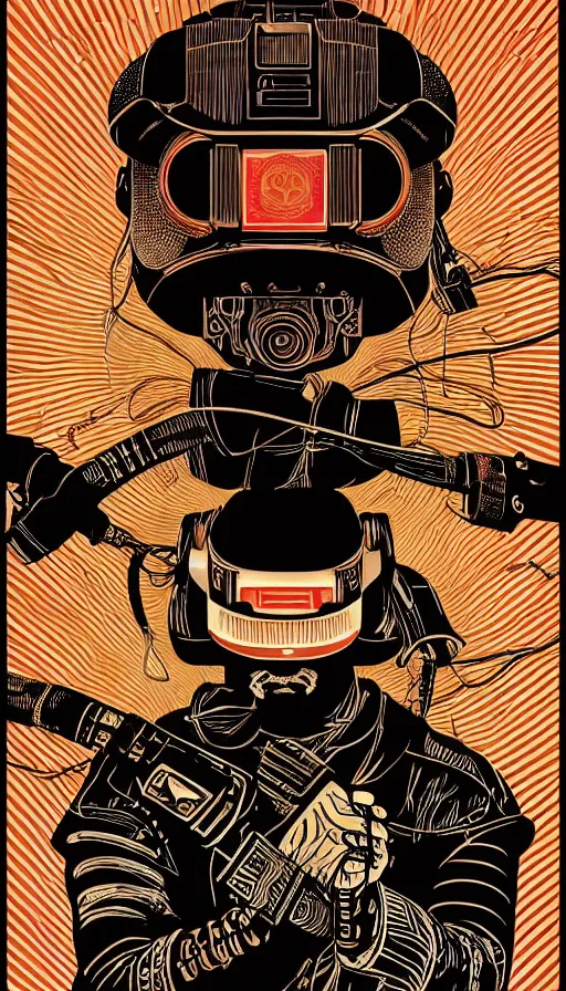 Image similar to Illustrated by Shepard Fairey and H.R. Geiger | Cyberpunk Samurai with VR helmet, surrounded by cables