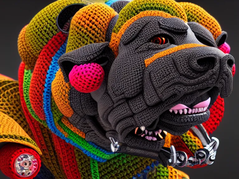 Image similar to multicolored crocheted cyborg dog, rpg reference, oil painting, trending on artstation, octane render, insanely detailed, 8 k, hd