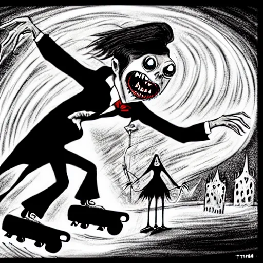 Image similar to black and white trippy comic art of dracula the vampire roller skating on roller skates, drawn by martin rowson, tim burton, alex pardee, nekro petros afshar, james mcdermott, cgsociety, award - winning, awesome, stunning, beautiful, stark, 4 k