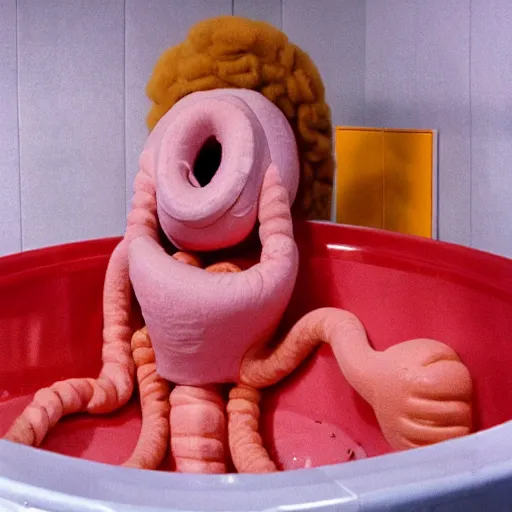 Image similar to a female anthropomorphic intestine in a bathtub, children's television show, 1974, technicolor