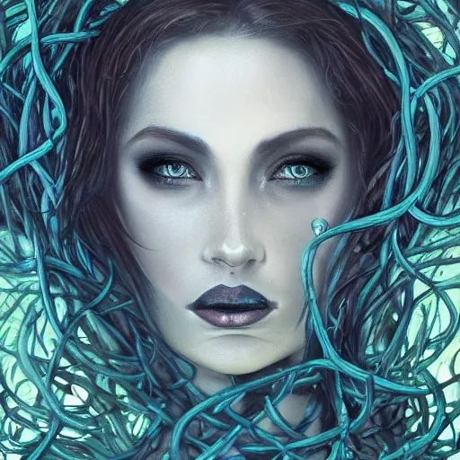 Image similar to detailed portrait of a dark queen of snakes, realism, pale blue, emerald, sapphire, wearing a crown of vines, nest of vipers, dark fantasy, dim moonlight, dramatic lighting, cgsociety, artstation