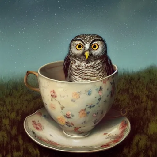 Prompt: long shot of a very cute owl chick nesting in a very romantique cup, by esao andrews, by james jean, marc simonetti, by victo ngai, humorous illustration, hyperrealistic, big depth of field, warm colors, night scenery, dim light, 3 d octane render conceptart, 4 k, hyperdetailed, trending on artstation