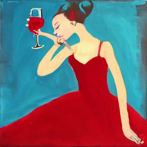 Image similar to square painting of a ballerina drinking wine in a teal room all on a red background