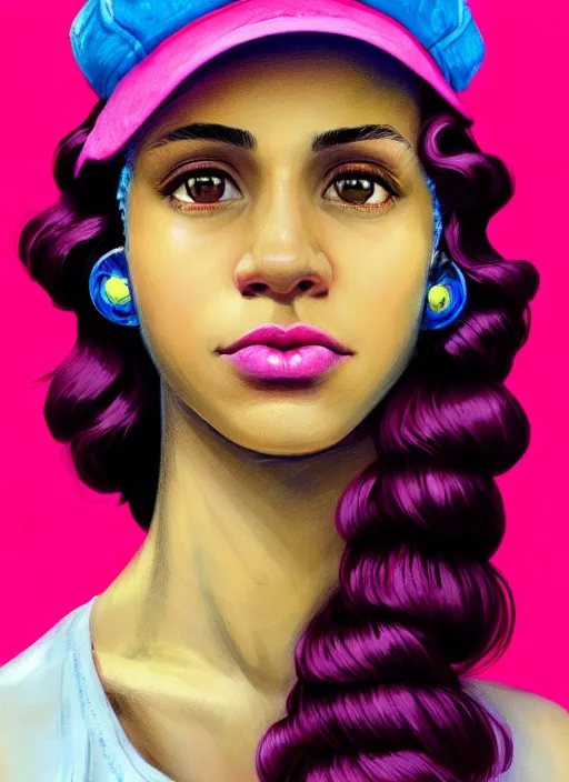 Image similar to portrait of teenage vanessa morgan with bright pink hair, black girl, curly pixie cut hair, wearing newsboy cap, pink short haircut, newsboy cap, hoop earrings, blue eyes, intricate, elegant, glowing lights, highly detailed, digital painting, artstation, concept art, smooth, sharp focus, illustration, art by wlop, mars ravelo and greg rutkowski