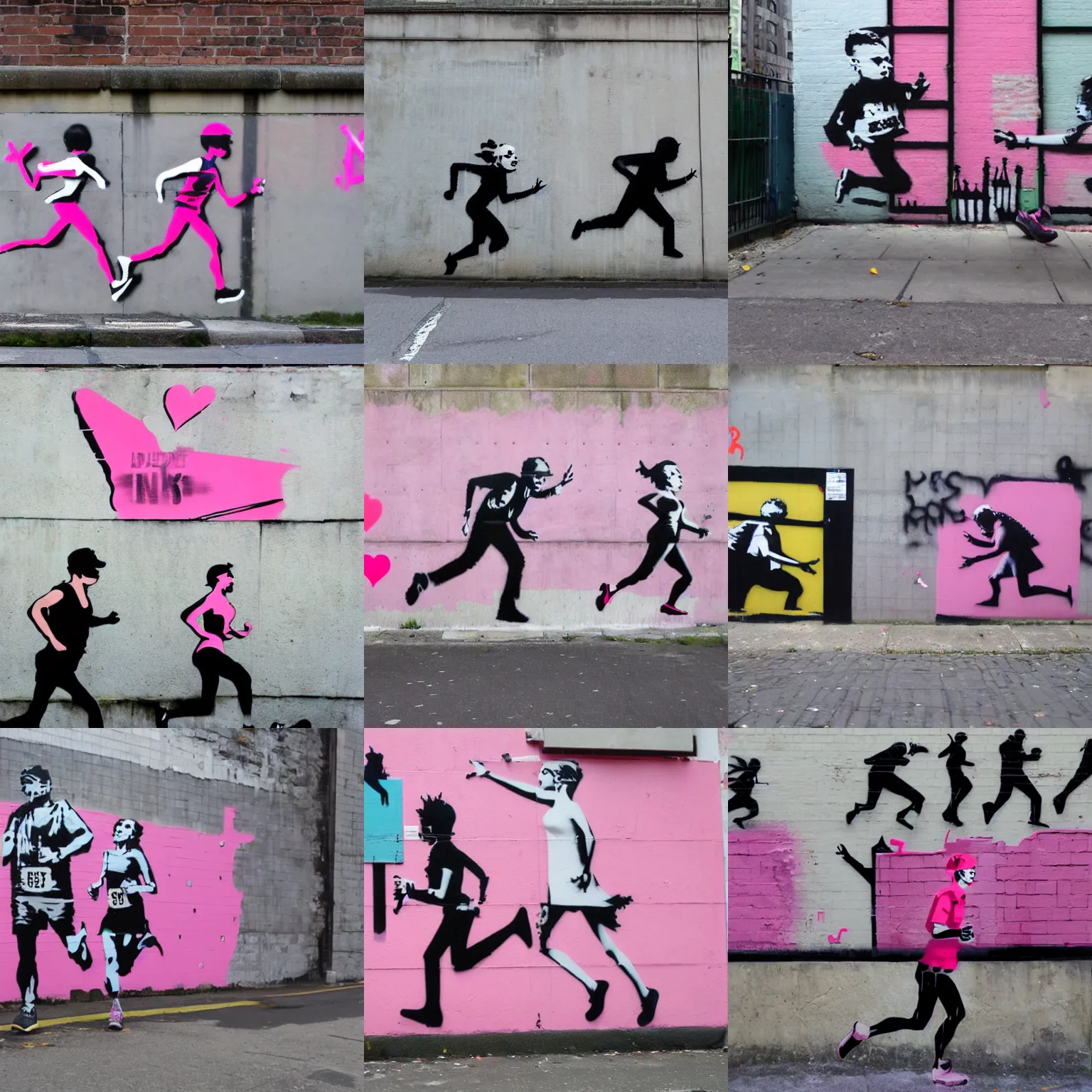 Prompt: two persons running a marathon, banksy, lady pink, revs, invader