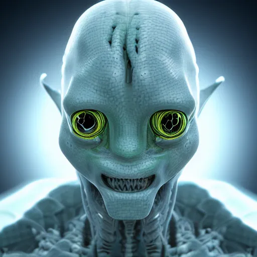 Image similar to a fractal alien humanoid with ten eyeballs, translucent skin, octane render, 4 k, 3 d, ultra realistic