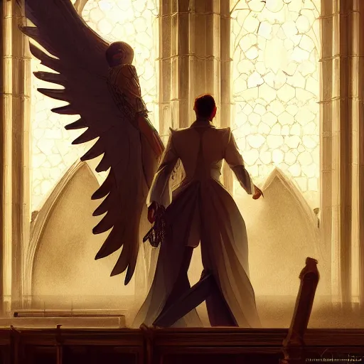 Image similar to angel protecting man who is praying inside a gothic church by Stanley Artgerm Lau, WLOP, Rossdraws, James Jean, Andrei Riabovitchev, Marc Simonetti, Yoshitaka Amano, ArtStation, CGSociety