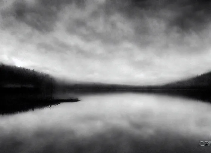 Prompt: lake by Andrei Tarkovsky, surreal, mist, mountains, lomography photo effect, monochrome, noise grain film