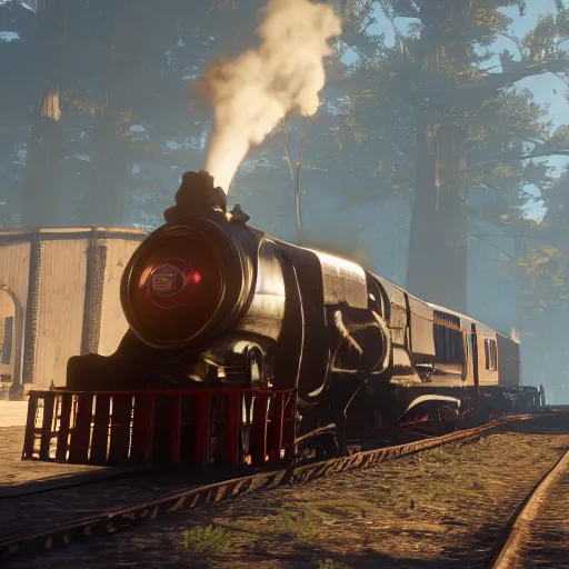 Image similar to futuristic sleek steam locomotive in red dead redemption 2