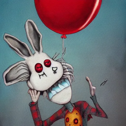 Image similar to grunge cartoon painting of a bunny with a wide smile and a red balloon by chris leib, loony toons style, pennywise style, horror theme, detailed, elegant, intricate