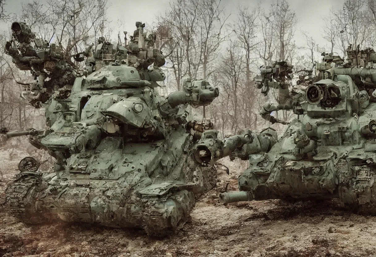 Image similar to totoro tank, post apocalyptic style. fox holes. color, shot on film, wide angle, storming