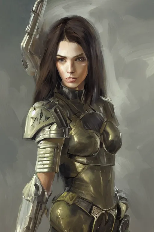 Image similar to a professionally painted portrait of an attractive young woman, clothed in military armor, olive skin, long dark hair, beautiful bone structure, symmetrical facial features, intricate, elegant, digital painting, trending on Artstation, concept art, smooth, sharp focus, illustration, from Metal Gear by Ruan Jia and Mandy Jurgens and Artgerm and William-Adolphe Bouguerea, award winning