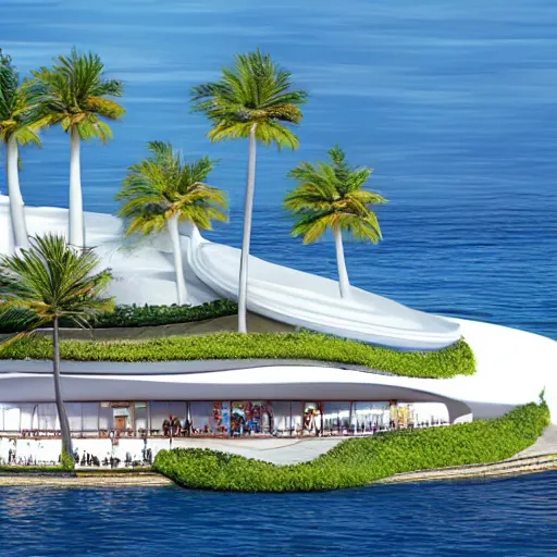 Image similar to architectural renderings, a seaside visitor center consisting of three mushroom - shaped buildings on the blue sea with tall coconut trees ， detailed