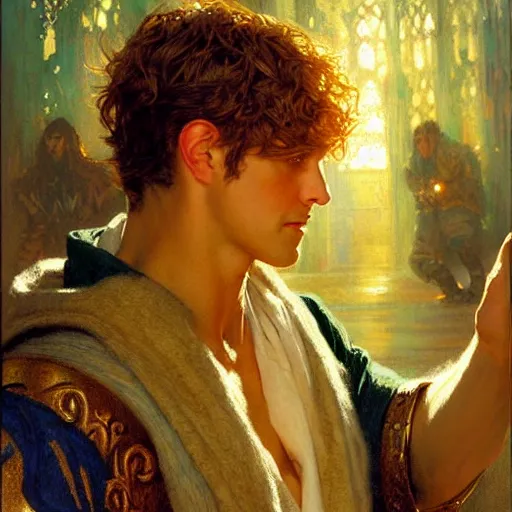 Image similar to attractive, arthur pendragon in love with attractive male, merlin the mage. highly detailed painting by gaston bussiere, craig mullins, j. c. leyendecker