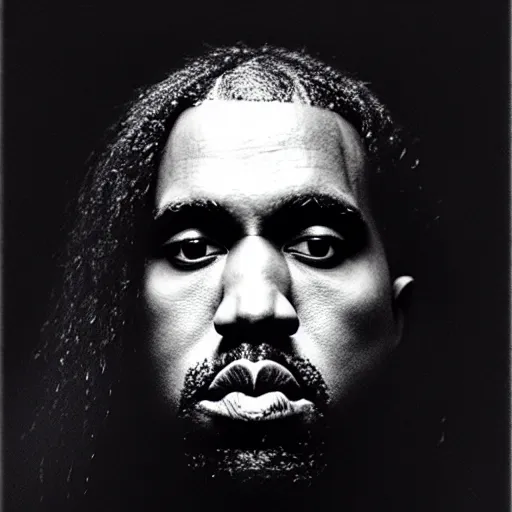 Prompt: a ( ( ( ( ( ( ( ( ( ( ( ( ( ( ( ( chiaroscuro lighting portrait ) ) ) ) ) ) ) ) ) ) ) ) ) ) ) of kanye west dressed as rick owens, black background, portrait by julia margaret cameron, shallow depth of field, 8 0 mm, f 1. 8