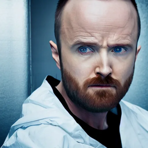 Image similar to Live Action Still of Aaron Paul dressed as Walter White, real life, hyperrealistic, ultra realistic, realistic, highly detailed, epic, HD quality, 8k resolution, body and headshot, film still