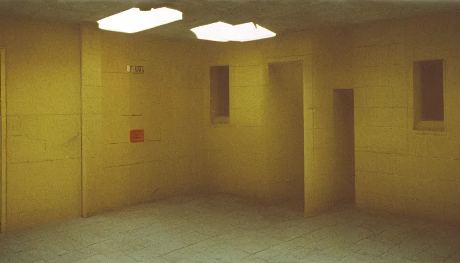 Prompt: 60s movie still of a sovietic stalinist style empty prison shower light yellow tiles, cinestill 800t 50mm eastmancolor, liminal Space style, heavy grain-s 150