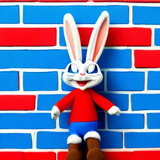 Image similar to photo of a bugs bunny toy sitting infront of a red wall with blue stripes