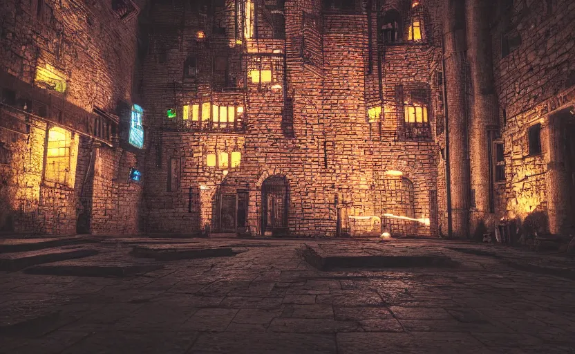 Image similar to a cyberpunk medieval castle, stone brick walls, vincent lefevre, neon lights