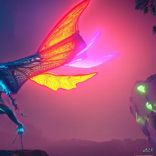 Prompt: florescent dragon with butterfly wings on a dusk lands, glow wave, neon, luminescent, digital art, trending on artstation, behance, deviantart, unreal engine 5, octane i, smooth, fantasy art, intricate detailed