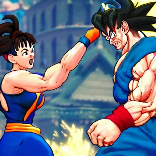 Prompt: chun li fighting goku in street fighter v