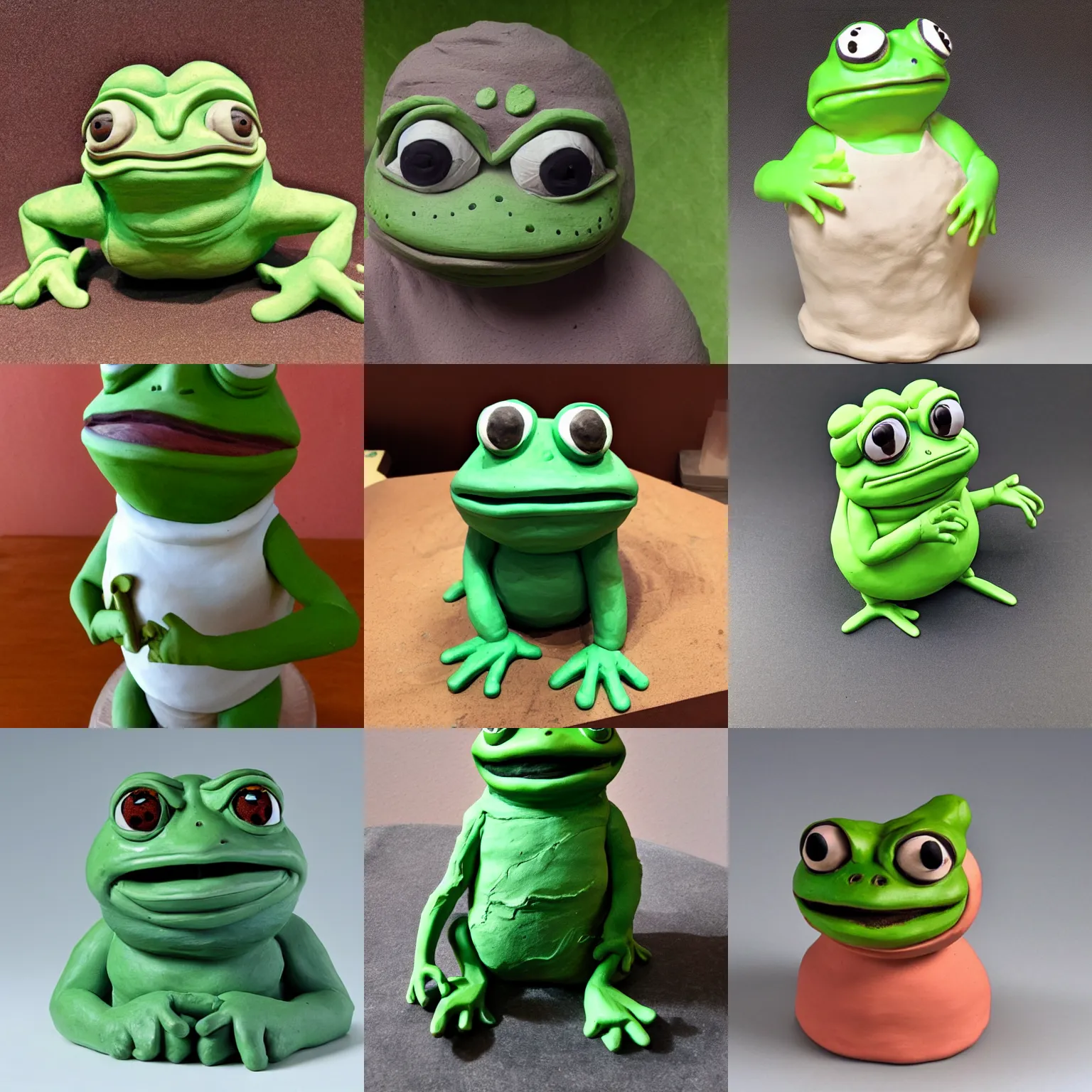 Prompt: clay sculpture of pepe the frog